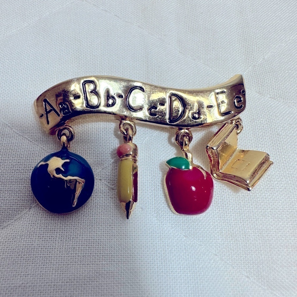 Vintage School Teacher Brooch Pin Apple ABC Book Pencil Enamel Gold Tone